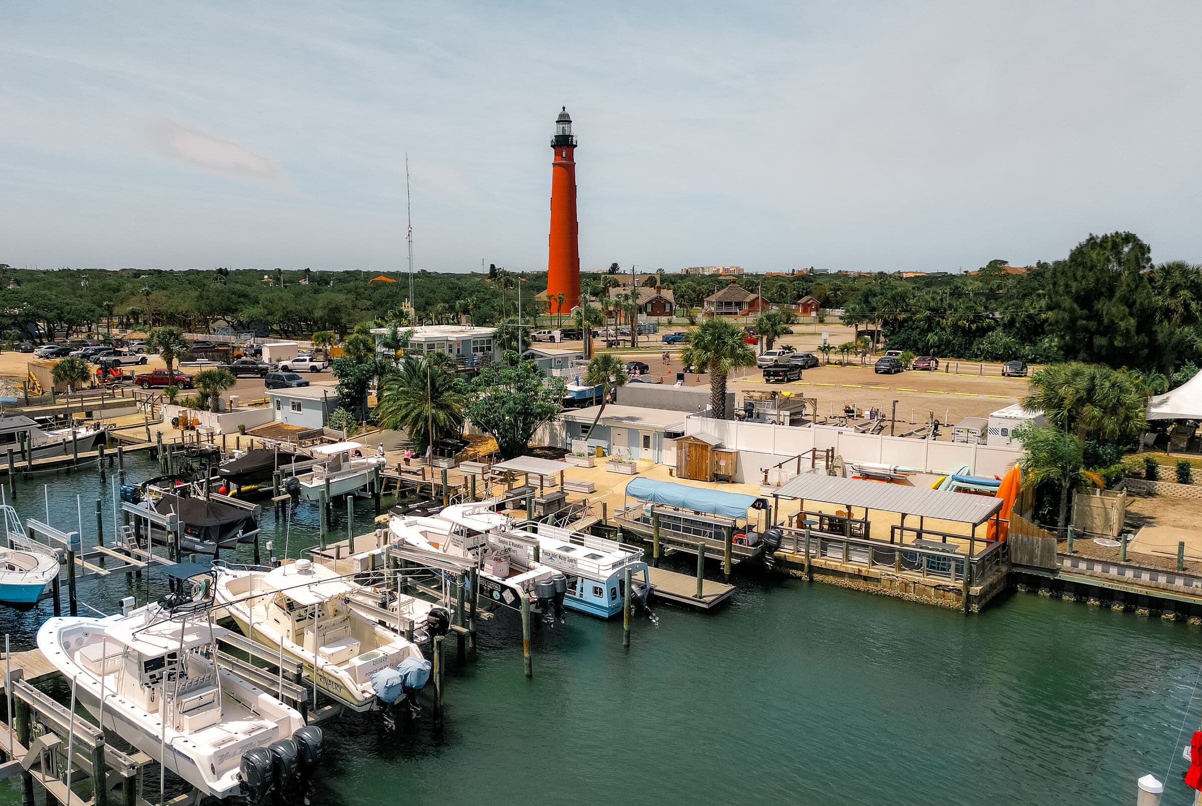 Boats in their slips at Lighthouse Marina, Ponce Inlet.
