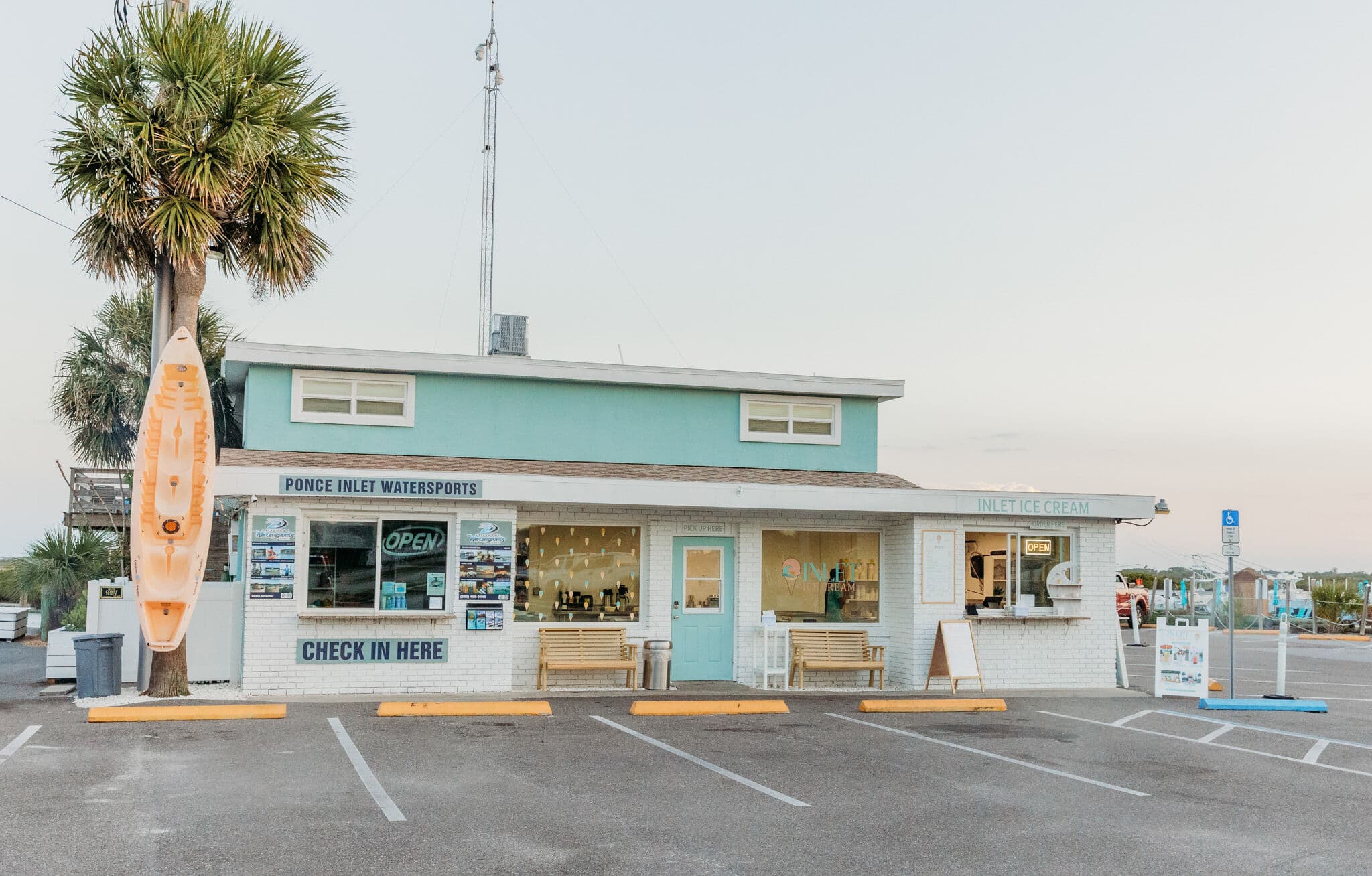 The main marina building — Ponce Inlet Watersports check-in and Inlet Ice Cream.